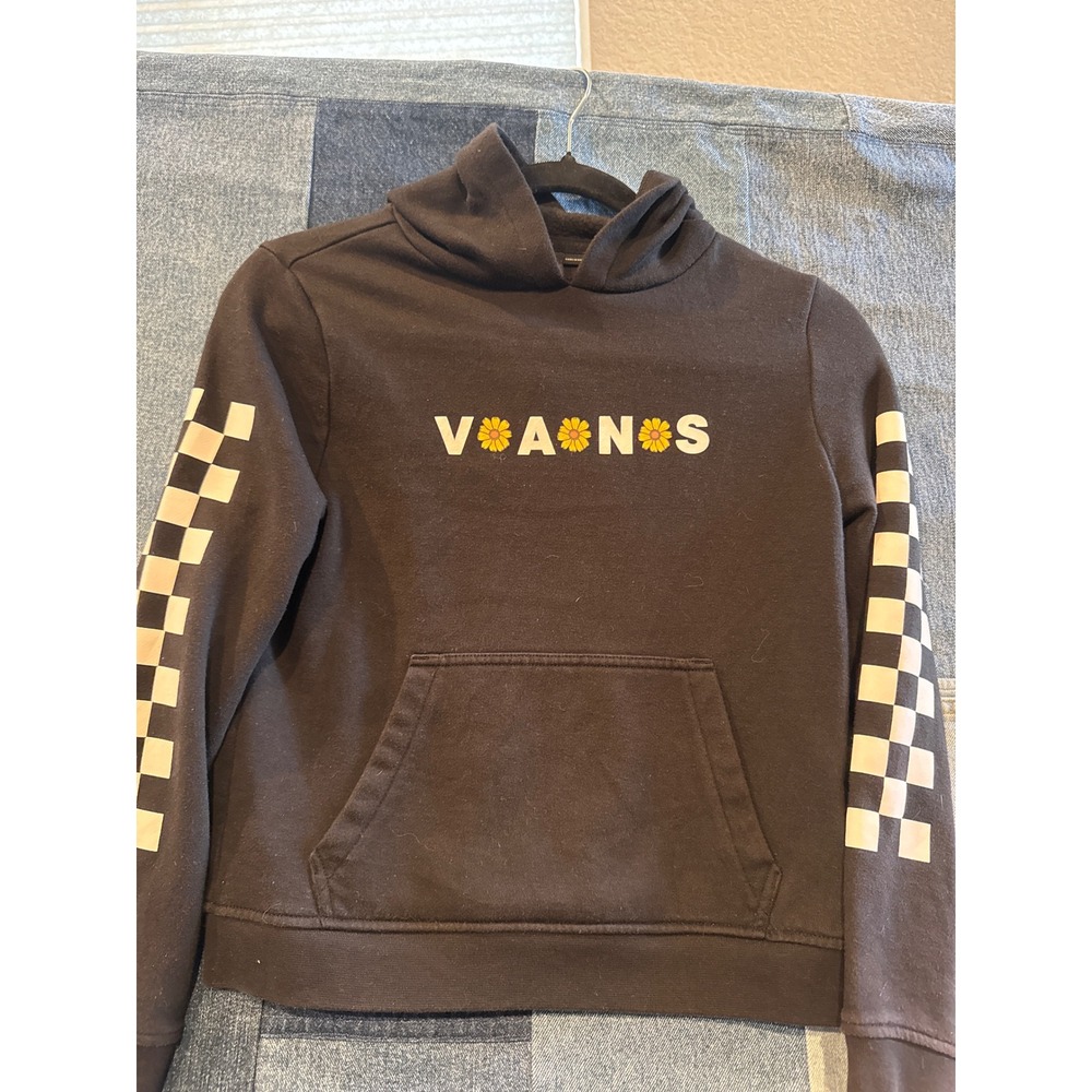 Vans Mens Small Black Daisy Floral Logo Checkerboard Sleeve Pullover Hoodie
